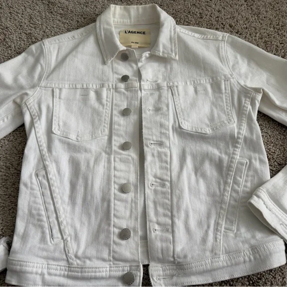 L’AGENCE Distressed White Stretch Denim Jacket Size XS MSRP $350 - Picture 4 of 8